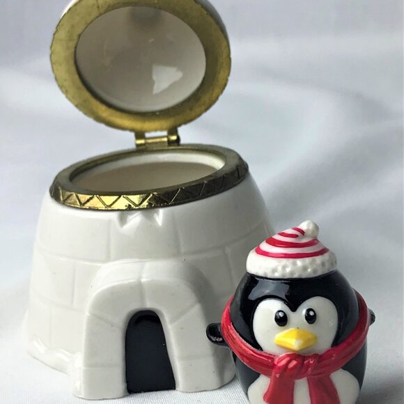 Igloo with Penguin Porcelain Hinged Trinket Box Christmas Ornament - Picture 3 of 3